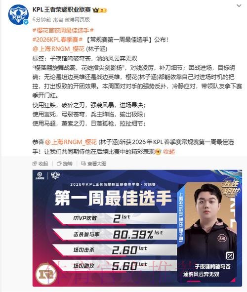 2026KPL春季赛常规赛第一周最佳选手公布：上海RNG.M樱花
